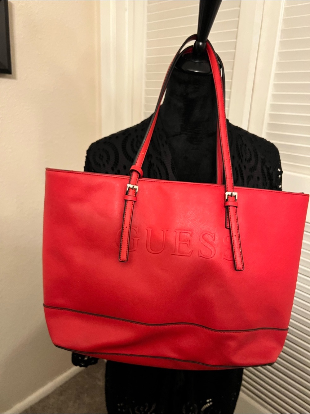 GUESS Red Embossed Leather Tote